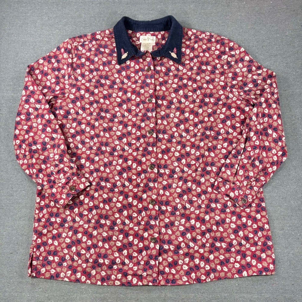 Bobbie Brooks Button Down Shirt Women 14W/16W Red Leaf Print Corduroy Collar